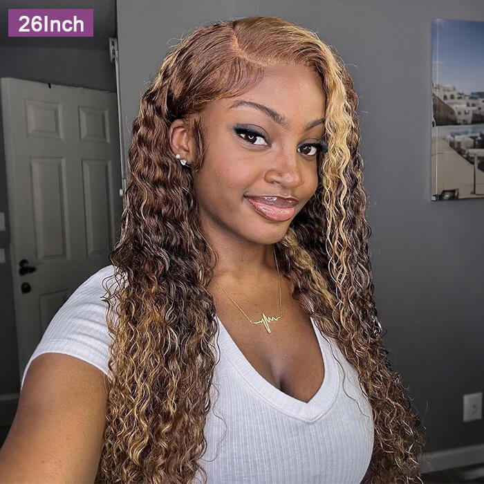 Honey Blonde Highlights P4/27 Colored Deep Wave HD Lace 100% Virgin Human Hair Glueless Wigs