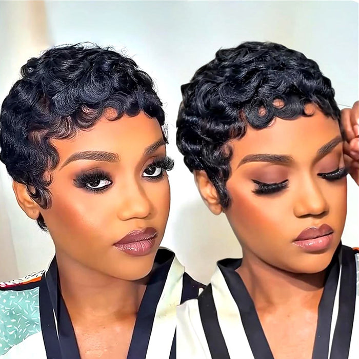 Glueless Natural Black Pixie Cut Curly Minimalist Machine Made Wig