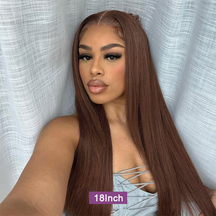 [18''=₵999] Brown Color Straight HD Invisible Glueless Closure/ Frontal Wigs 100% Human Hair