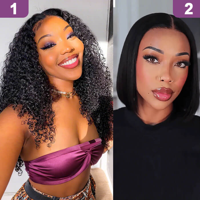 2 Glueless Wigs Set |22'' Frontal Curly Wig+10'' Closure 4x4 Straight Bob Wig