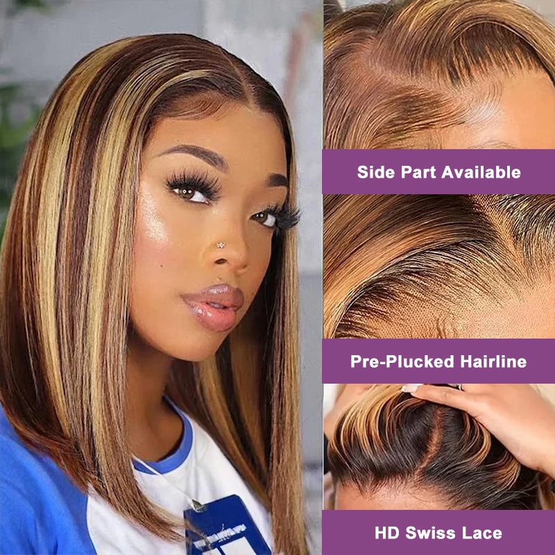 P4/27 Honey Blonde Highlight Color | Straight Bob Wig | Glueless Closure Lace Wig