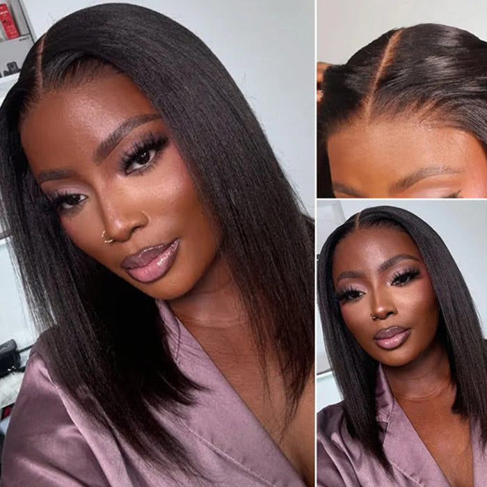 Yaki Straight Glueless Bob Wig Pre-Cut Lace Bleached Knots Put On & Go