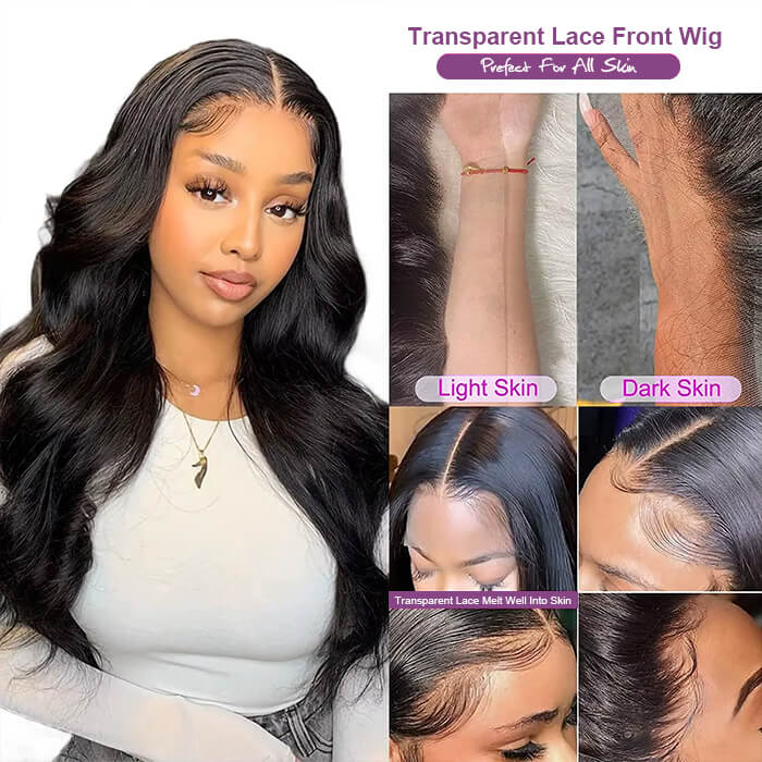 Body Wave 13x4 Transparent Lace Frontal Glueless Wig Human Hair