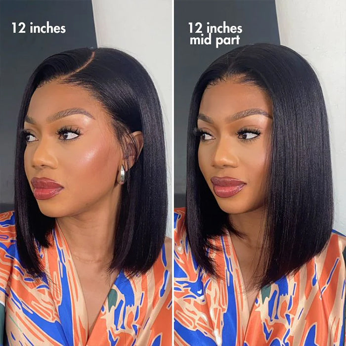 Yaki Straight Glueless Bob Wig Pre-Cut Lace Bleached Knots Put On & Go