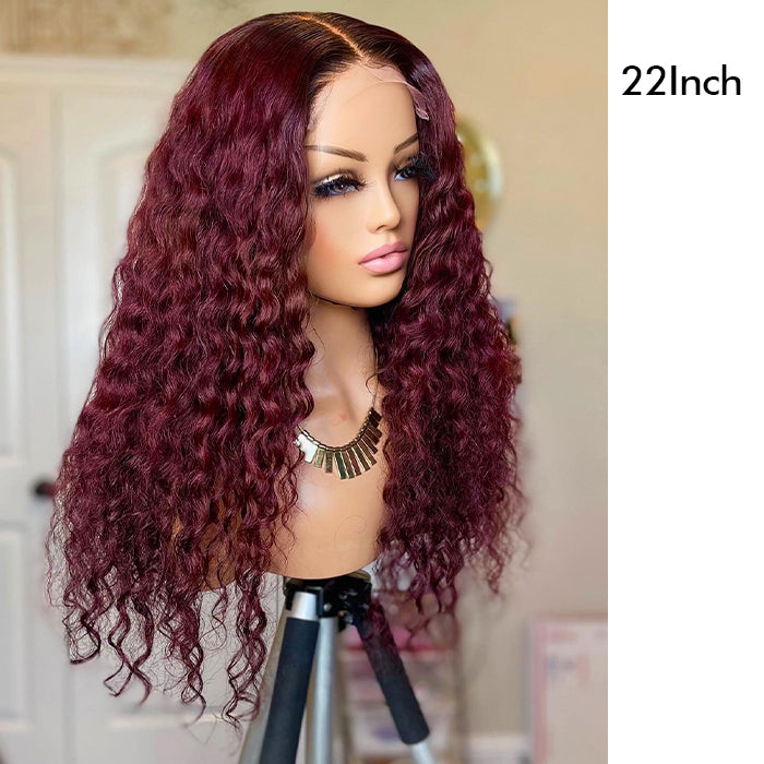 Real Show | Deep Curly Wig | 99J Burgundy Color | Frontal/Closure Transparent Lace Glueless Wig (10-32'')