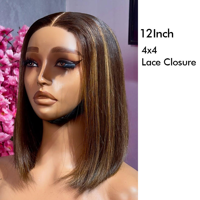 P4/27 Honey Blonde Highlight Color | Straight Bob Wig | Glueless Closure Lace Wig