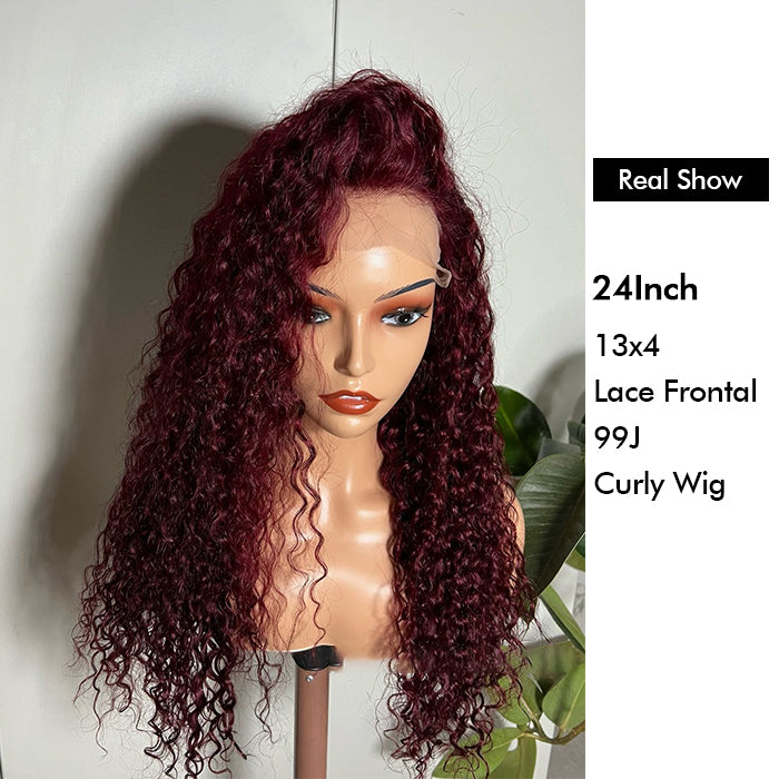 Real Show | Deep Curly Wig | 99J Burgundy Color | Frontal/Closure Transparent Lace Glueless Wig (10-32'')