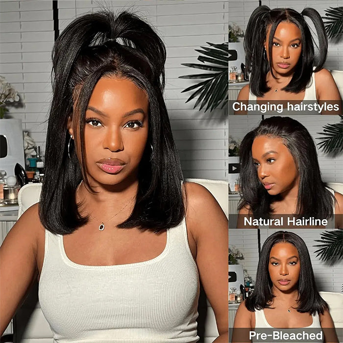 Yaki Straight Glueless Bob Wig Pre-Cut Lace Bleached Knots Put On & Go