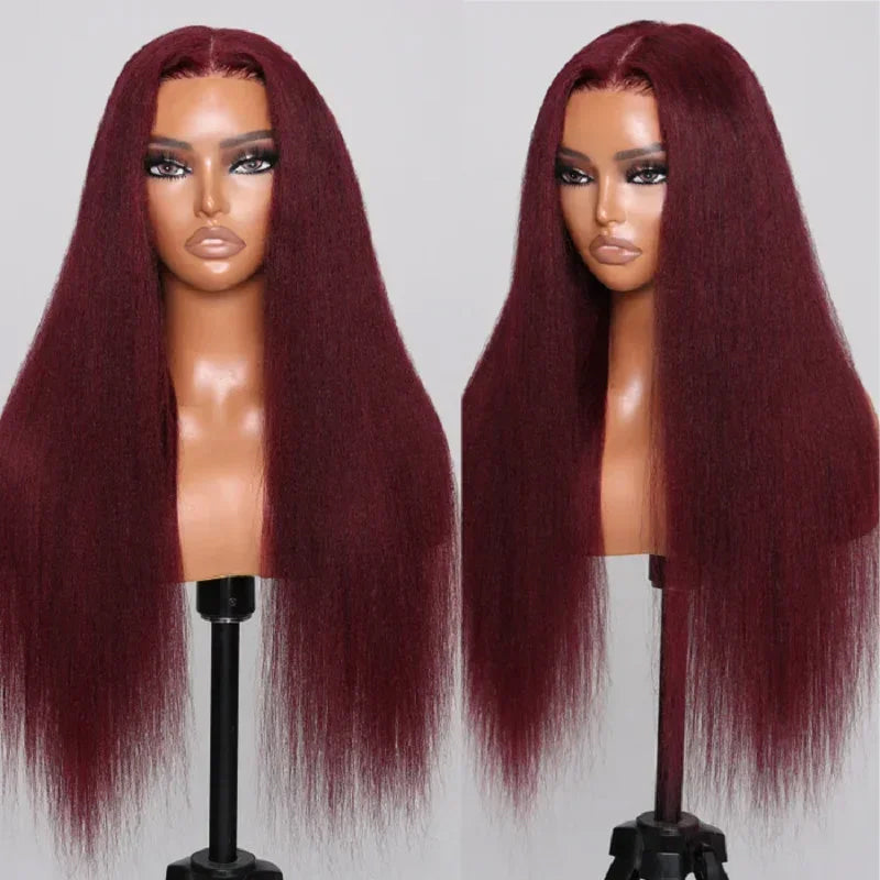 99J Burgundy Yaki Straight Glueless Wig 13x4 Lace Front Wig 100% Human Hair