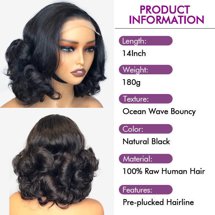 Real Show | 14'' Ocean Wave Bouncy Bob Wig | Frontal/Closure  Transparent Lace Or Glueless