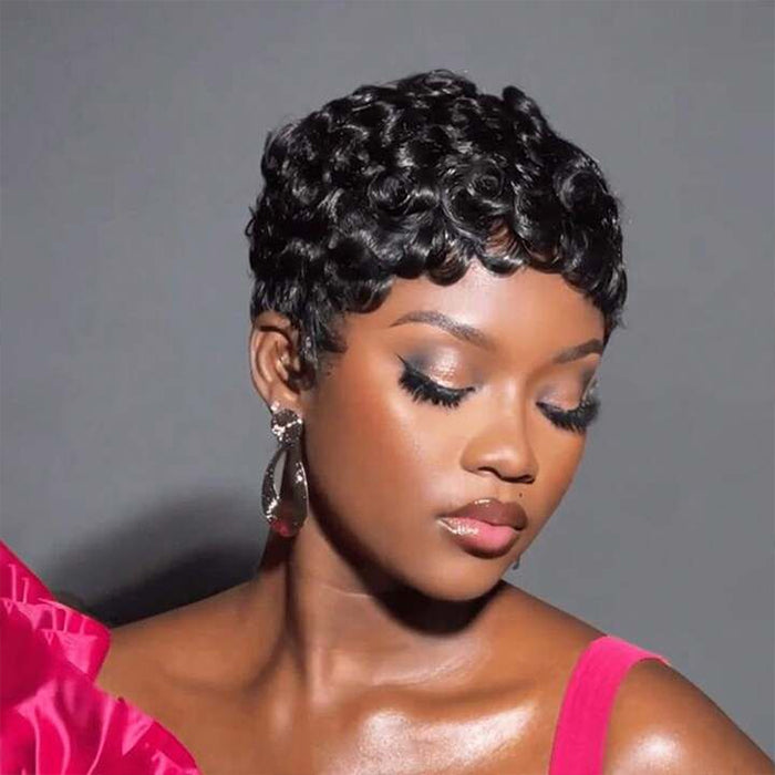 Glueless Natural Black Pixie Cut Curly Minimalist Machine Made Wig