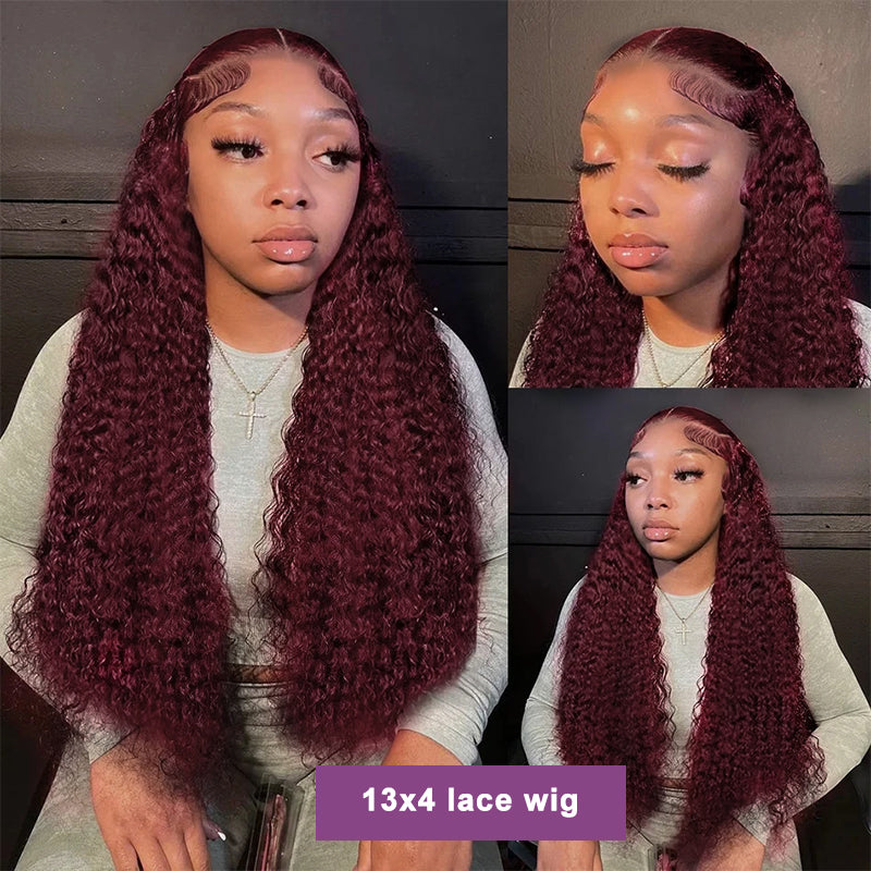 99J Burgundy Hair Water Wave Glueless Wig 13x4 Transparent Lace Human Hair Wigs