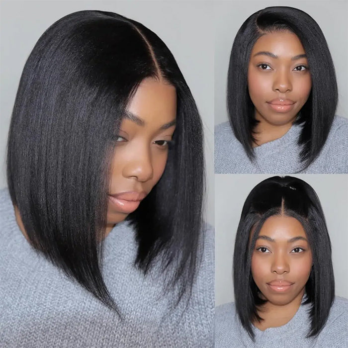 Yaki Straight Glueless Bob Wig Pre-Cut Lace Bleached Knots Put On & Go