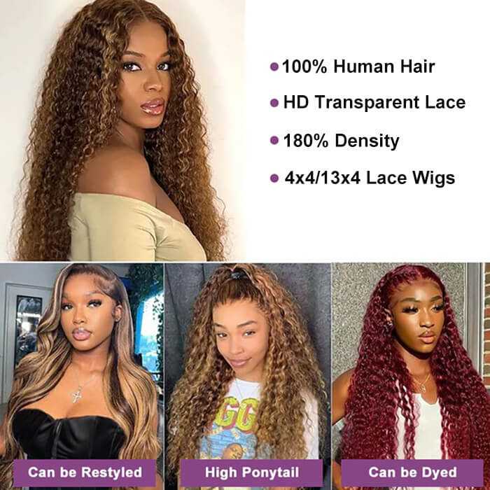 Honey Blonde Highlights P4/27 Colored Deep Wave HD Lace 100% Virgin Human Hair Glueless Wigs
