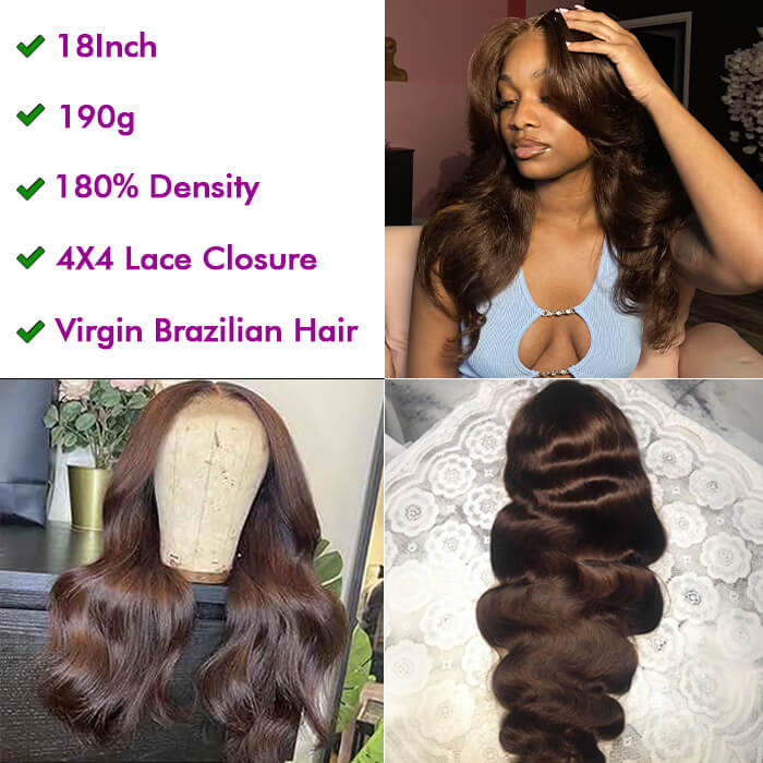 [18''=₵999] Body Wave Wig | Brown #4 Color | 4x4 Closure Glueless Invisible Lace