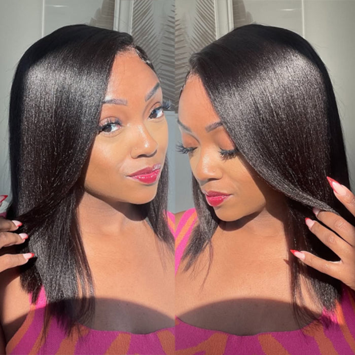 Yaki Straight Glueless Bob Wig Pre-Cut Lace Bleached Knots Put On & Go