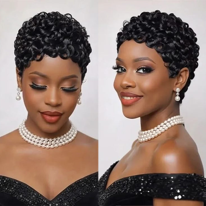 Glueless Natural Black Pixie Cut Curly Minimalist Machine Made Wig