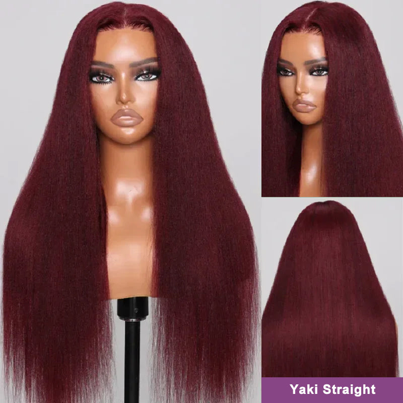 99J Burgundy Yaki Straight Glueless Wig 13x4 Lace Front Wig 100% Human Hair