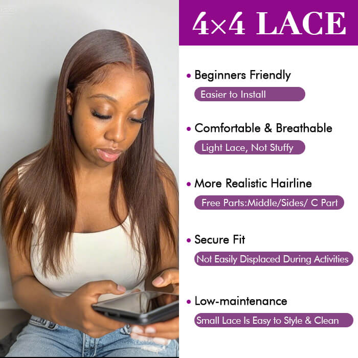 [18''=₵999] Brown Color Straight HD Invisible Glueless Closure/ Frontal Wigs 100% Human Hair