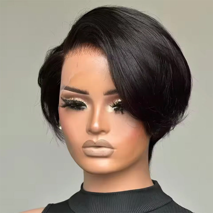 Real Show | Pixie Straight or Curly Wig | Black or Red Wig | Frontal Transparent Lace (8'')