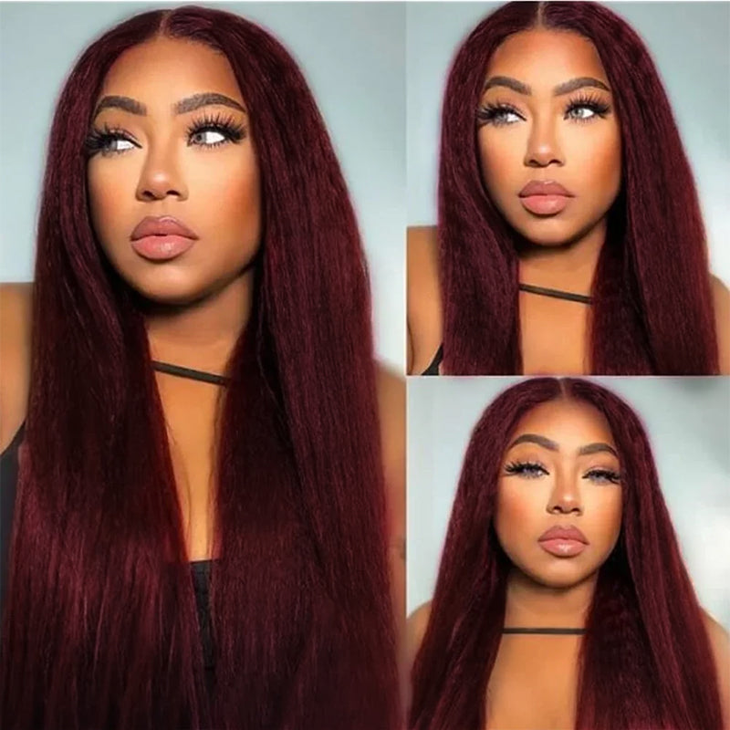99J Burgundy Yaki Straight Glueless Wig 13x4 Lace Front Wig 100% Human Hair