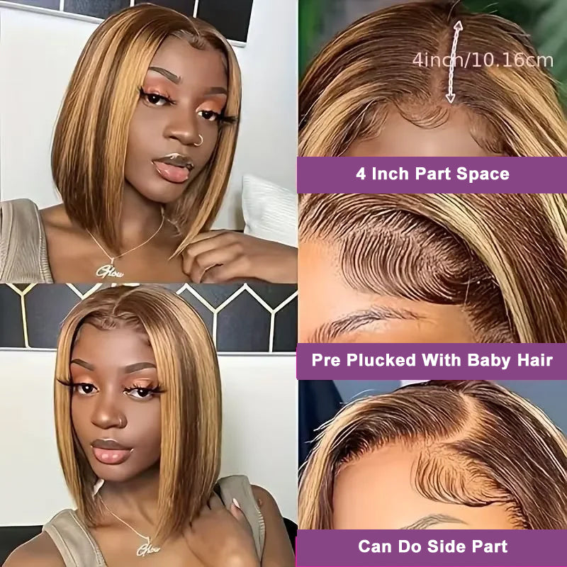 P4/27 Honey Blonde Highlight Color | Straight Bob Wig | Glueless Closure Lace Wig