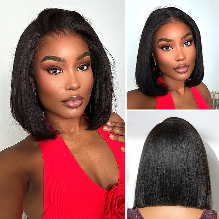Yaki Straight Glueless Bob Wig Pre-Cut Lace Bleached Knots Put On & Go
