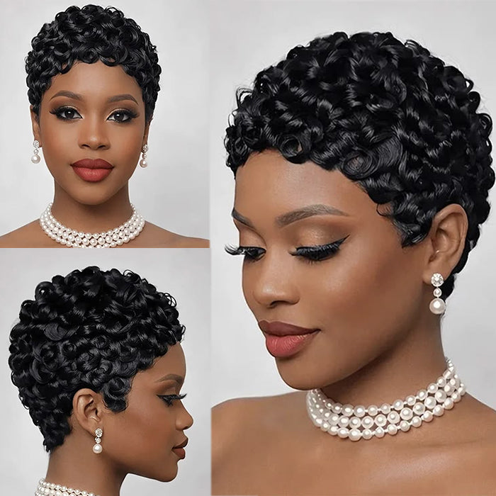 Glueless Natural Black Pixie Cut Curly Minimalist Machine Made Wig