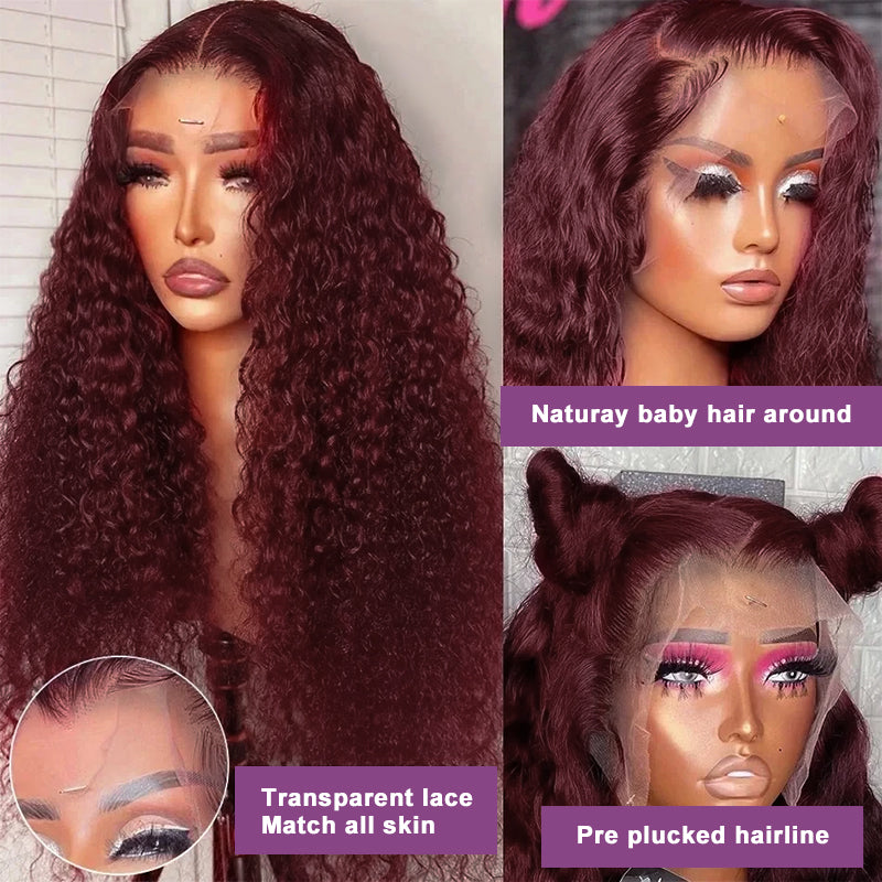 99J Burgundy Hair Water Wave Glueless Wig 13x4 Transparent Lace Human Hair Wigs