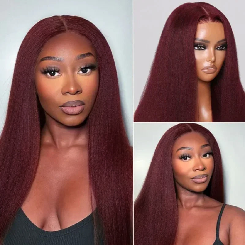 99J Burgundy Yaki Straight Glueless Wig 13x4 Lace Front Wig 100% Human Hair