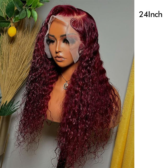 Real Show | Deep Curly Wig | 99J Burgundy Color | Frontal/Closure Transparent Lace Glueless Wig (10-32'')