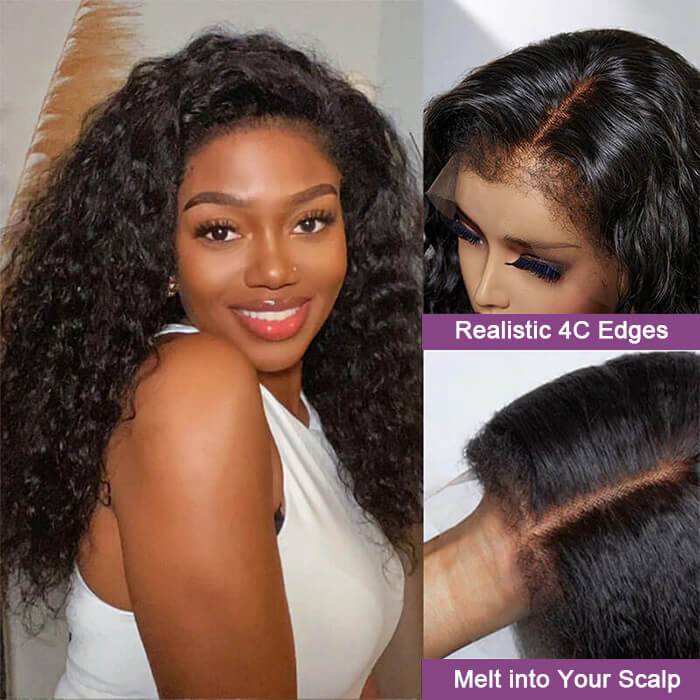 4C Edges Water Wave Kinky Edges Free Parting 13x4 Undetectable Lace Front Wig