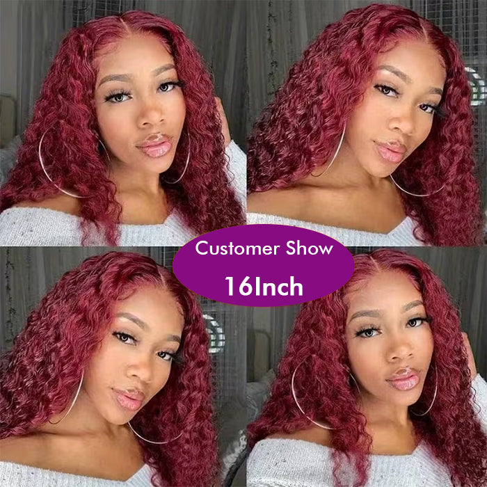 Real Show | Deep Curly Wig | 99J Burgundy Color | Frontal/Closure Transparent Lace Glueless Wig (10-32'')