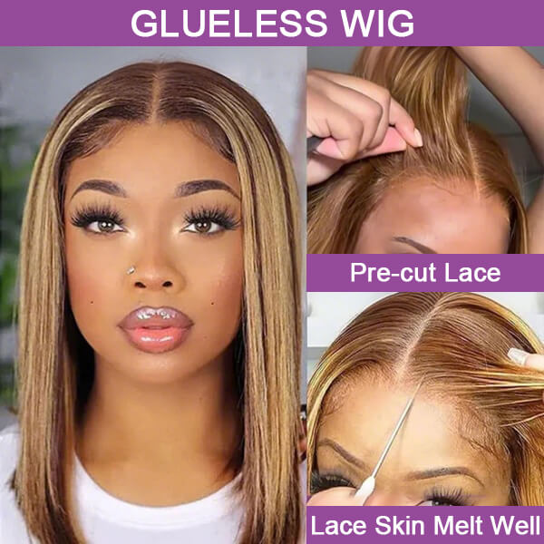 P4/27 Honey Blonde Highlight Color | Straight Bob Wig | Glueless Closure Lace Wig