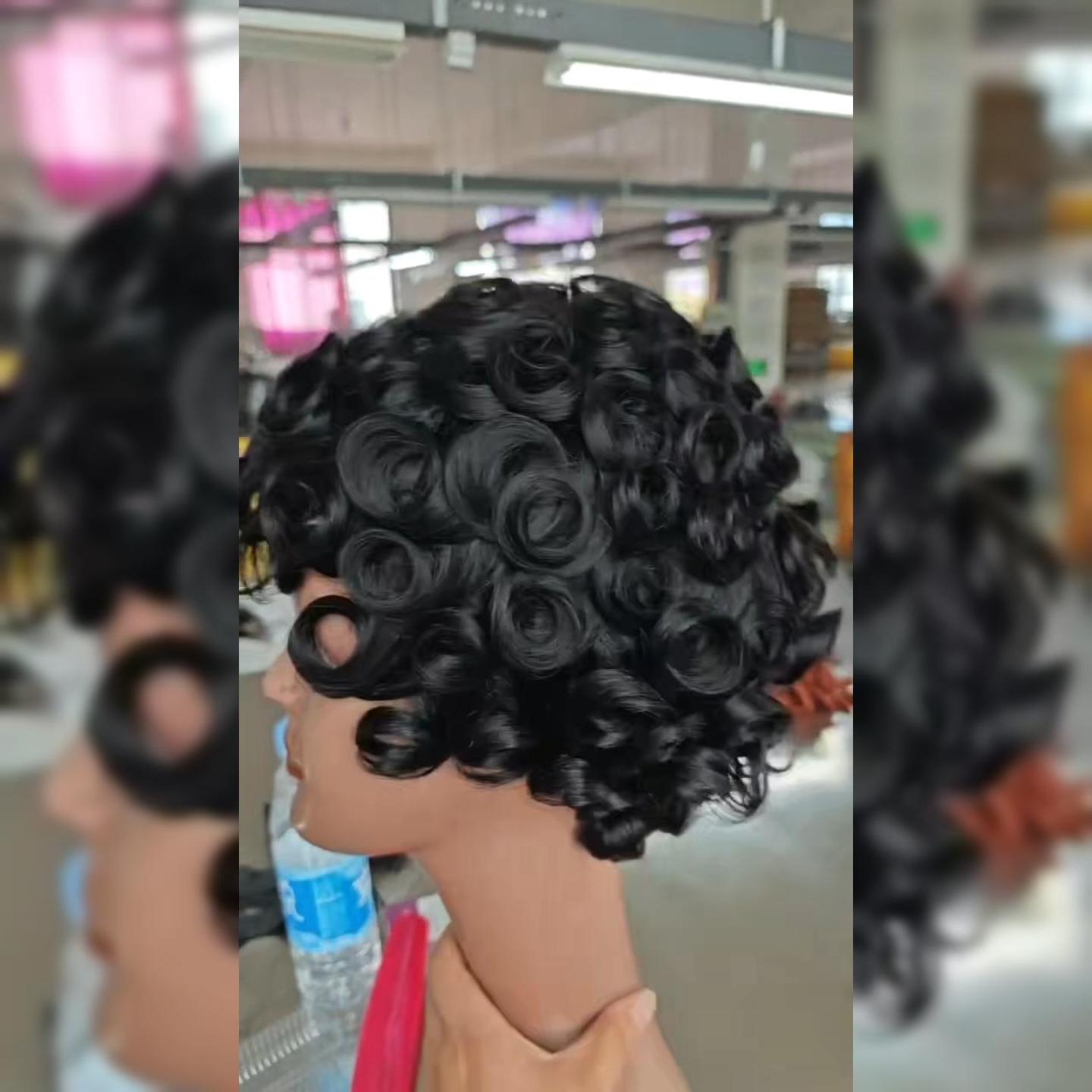 Glueless Natural Black Pixie Cut Curly Minimalist Machine Made Wig