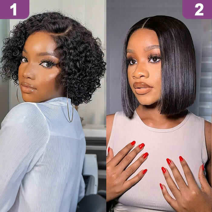 2 Glueless Wigs Set | 10'' Frontal Curly Bob Wig+10'' Closure 4x4 Lace Straight Bob Wig