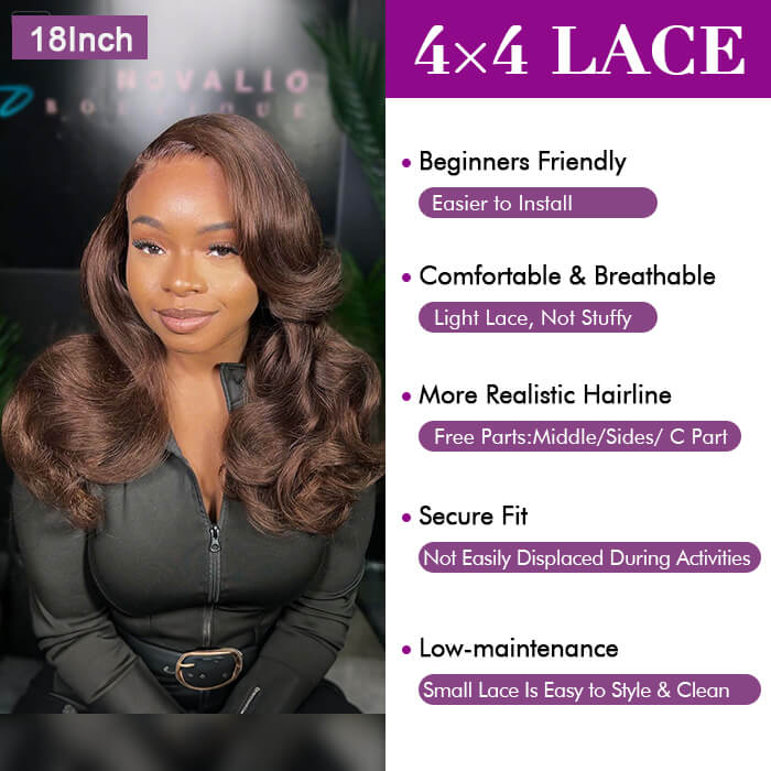 [18''=₵999] Body Wave Wig | Brown #4 Color | 4x4 Closure Glueless Invisible Lace