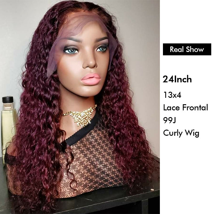 Real Show | Deep Curly Wig | 99J Burgundy Color | Frontal/Closure Transparent Lace Glueless Wig (10-32'')
