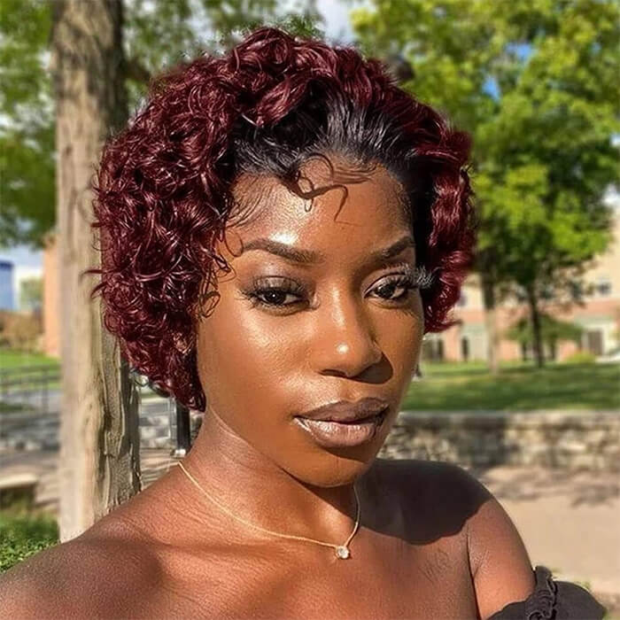 Frontal 13x4 Lace | Omber Colored/ Natural Black | 8''Pixie Cut Curly Human Hair Wigs