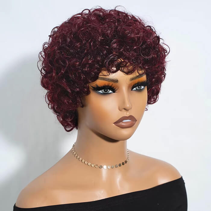 Real Show | Pixie Curly Wig | 99J Red Wig | Machine Made Cap Glueless (8'')