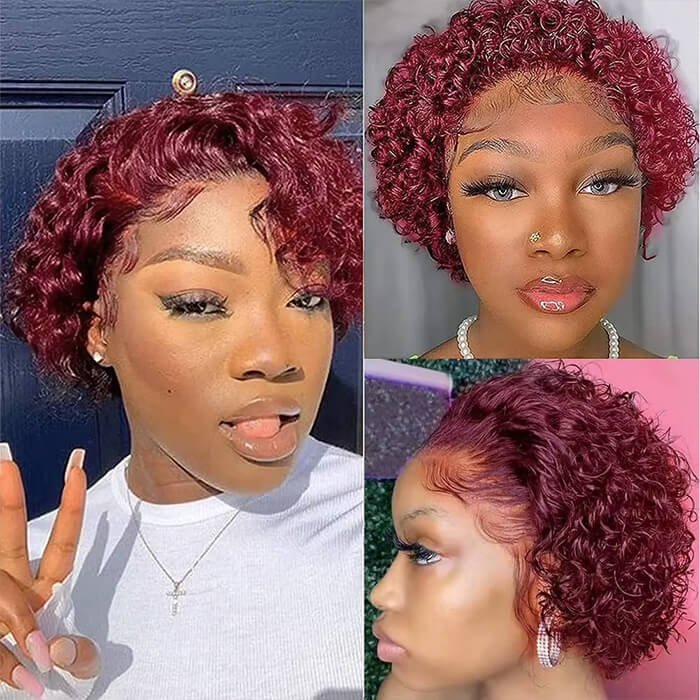 Real Show | Pixie Curly Wig | 99J Red Wig | Frontal HD Lace  (8'')