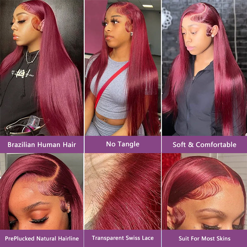 99J Burgundy 13x4/4x4 Lace Front Glueless Wig Straight Wigs Virgin Hair