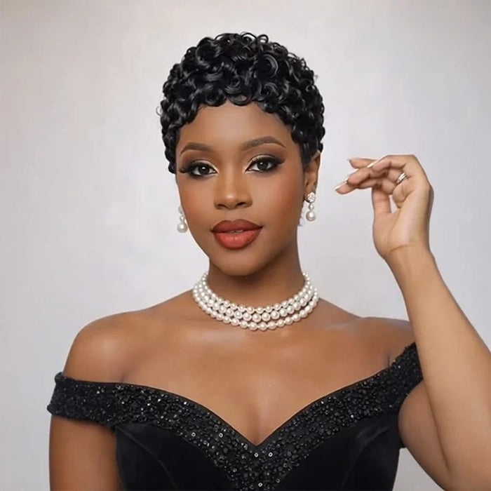 Glueless Natural Black Pixie Cut Curly Minimalist Machine Made Wig