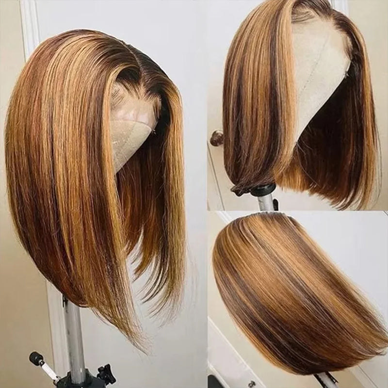 P4/27 Honey Blonde Highlight Color | Straight Bob Wig | Glueless Closure Lace Wig