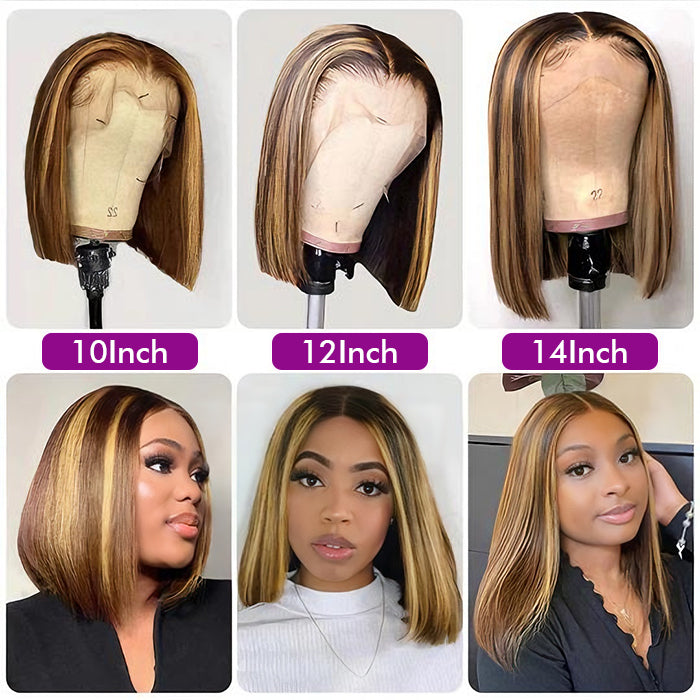 P4/27 Honey Blonde Highlight Color | Straight Bob Wig | Glueless Closure Lace Wig