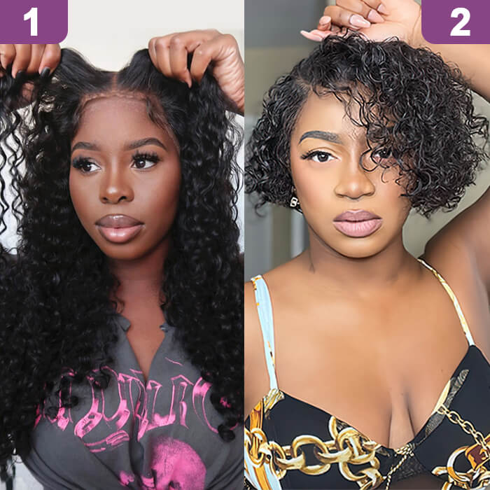 2 Glueless Wigs Set | 18'' Frontal Deep Wave Wig+Pixie Cut Frontal Curly Wig