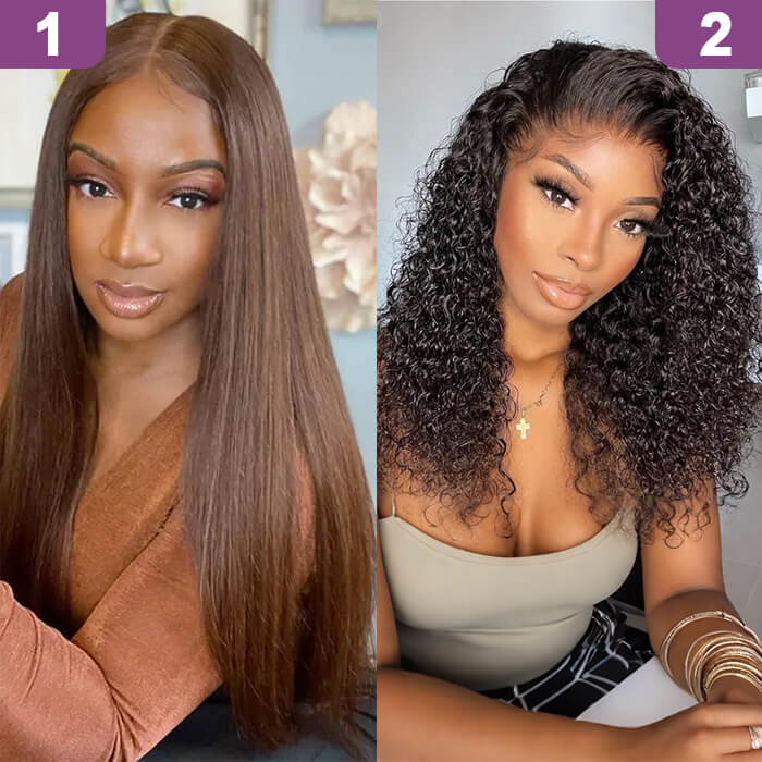 2 Glueless Wigs Set |22'' 4x4 Lace Closure Brown Straight Wig+22'' 13x4 HD Lace Frontal Curly Wig