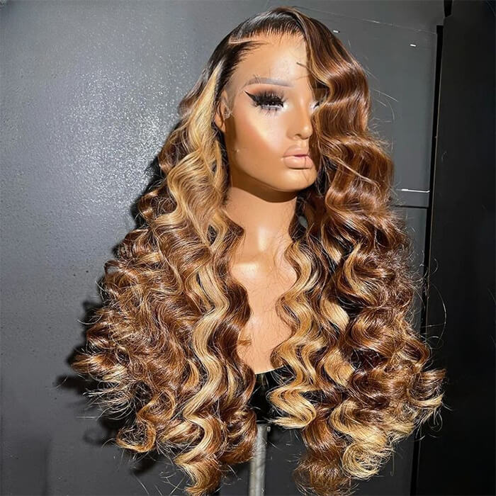 P427 Colored Brazilian Loose Wave 13x4 Lace Front Glueless Wig Highlight Ombre Human Hair Wigs