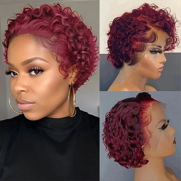 Real Show | Pixie Curly Wig | 99J Red Wig | Frontal HD Lace  (8'')