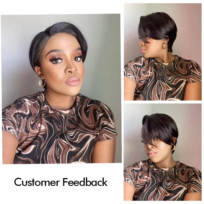 Real Show | Pixie Straight or Curly Wig | Black or Red Wig | Frontal Transparent Lace (8'')